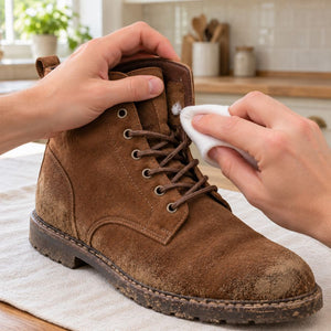 Testing cleaner with a white cloth on a concealed area beneath the laces of a brown suede boot.
