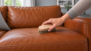 A Renapur Horsehair Brush gently brushing a brown leather sofa seat before cleaning.