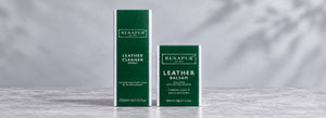 Renapur Leather Cleaner Spray and Leather Balsam boxes displayed together on a pale grey surface.