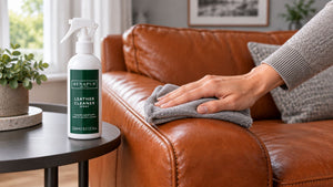 Wiping a brown leather sofa arm with a soft grey cloth, with Renapur Leather Cleaner Spray on the table beside it.