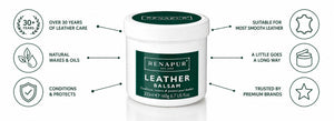 Renapur Leather Balsam with key benefits including natural waxes and oils, conditioning and protection for smooth leather