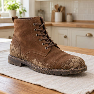 Brown suede lace-up boot with dried mud on the upper and sole, resting on a towel on a kitchen worktop.