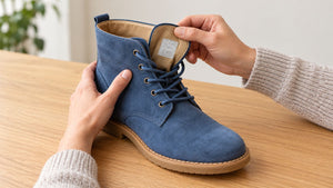 Checking the care label inside a blue suede boot before applying protector.