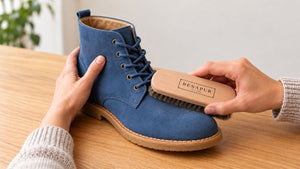 Brushing loose dirt from a blue suede boot with a wooden Renapur brush.