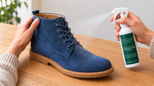 Spraying Renapur Suede & Fabric Protector evenly over a blue suede boot.