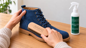 Working protector into a blue suede boot with a soft Renapur brush.