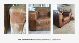 Dry tan leather armchair before and after conditioning with Renapur Leather Balsam