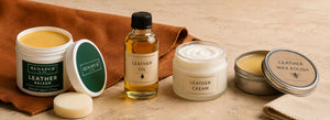 Leather balsam, leather oil, leather cream and wax polish shown side by side