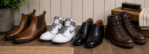Different types of leather footwear including Chelsea boots, leather trainers, smart shoes and walking boots