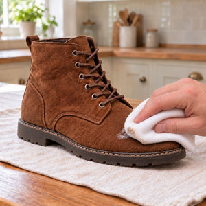 Wiping excess cleaning foam and loosened dirt from a brown suede boot with a white cloth.